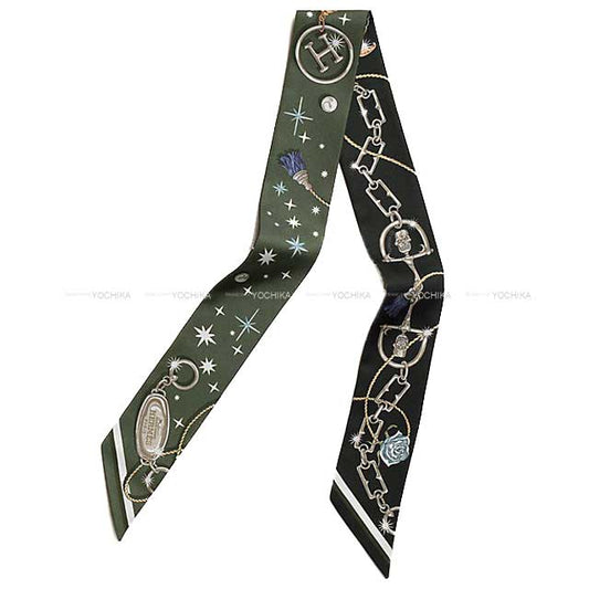2025AW HERMES scarf Twilly C'est la fe'te Khaki Fonce/White/Black Silk100% H062743S02[EXCELLENT][Authentic]