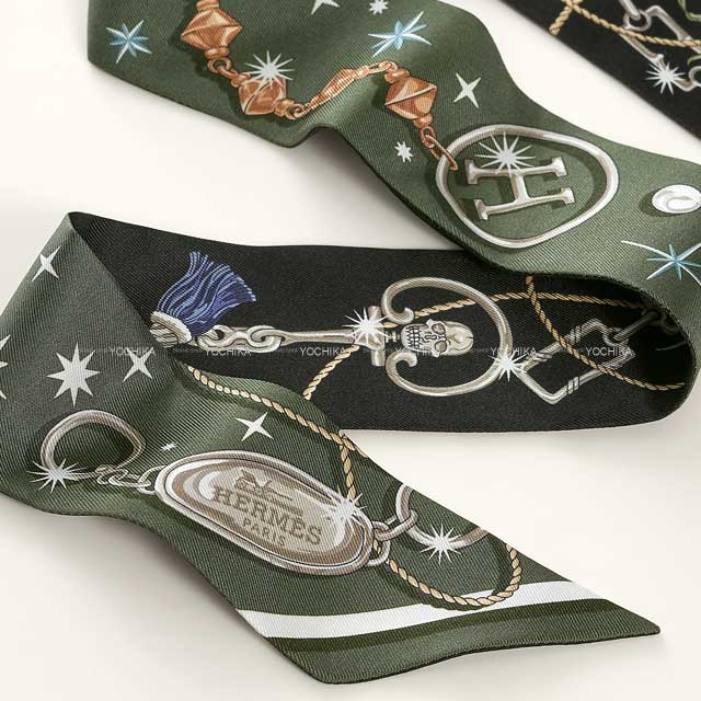 2025AW HERMES scarf Twilly C'est la fe'te Khaki Fonce/White/Black Silk100% H062743S02[EXCELLENT][Authentic]