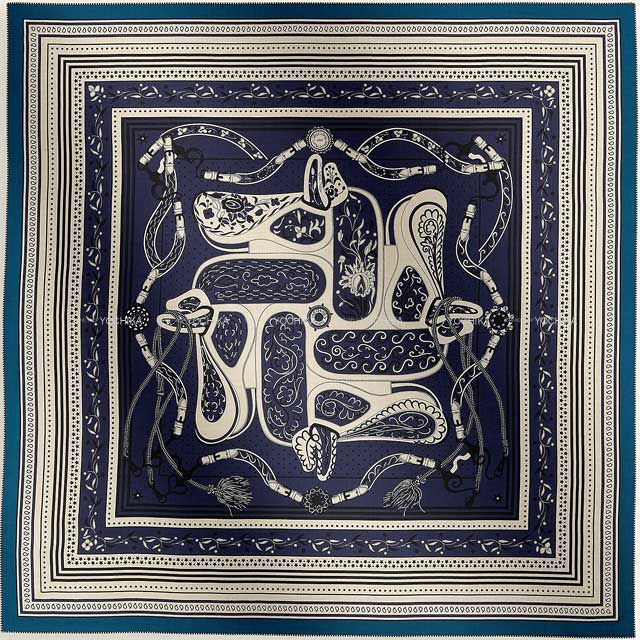 2025SS HERMES scarf Carre 140 Festival Des Amazones Bandana Marine/Natural/Black Cashmere70% / Silk30%[BRAND NEW][Authentic]