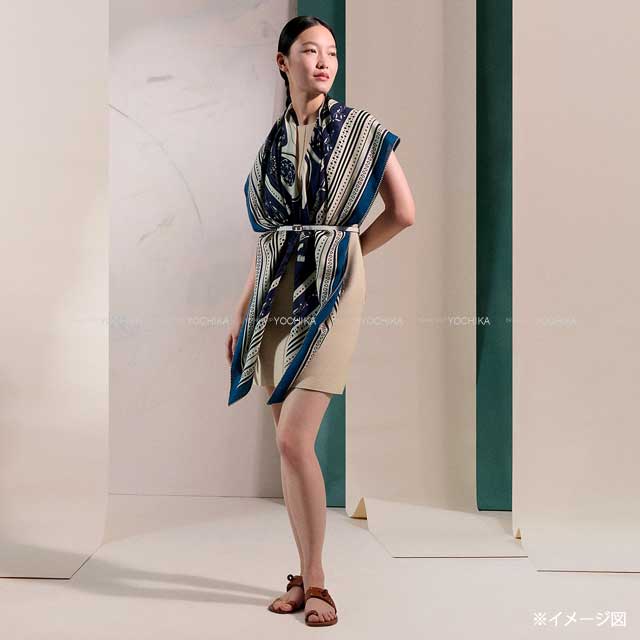 2025SS HERMES scarf Carre 140 Festival Des Amazones Bandana Marine/Natural/Black Cashmere70% / Silk30%[BRAND NEW][Authentic]