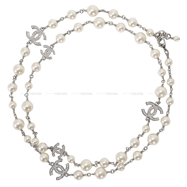 [Pre-loved] CHANEL necklace Long Pearl COCO Rhinestone Silver Fake Pearl /Rhinestone Silver HW A36121[USED SA][Authentic]