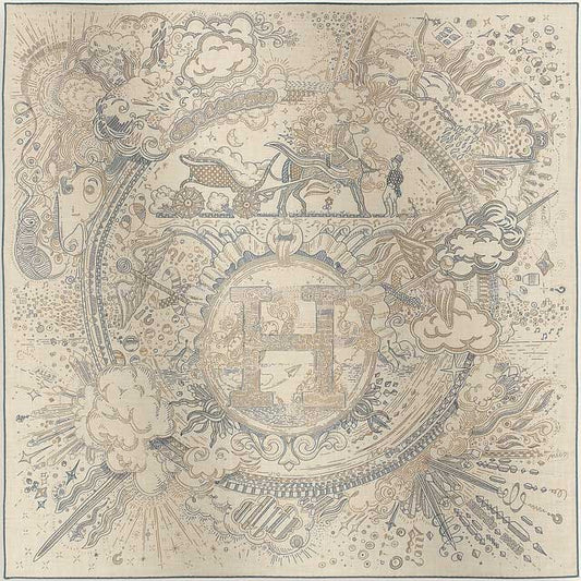 HERMES scarf Carre H 100 Please Hold the Line Natural/GrisMoyen/Blue Cashmere/Silk[BRAND NEW][Authentic]