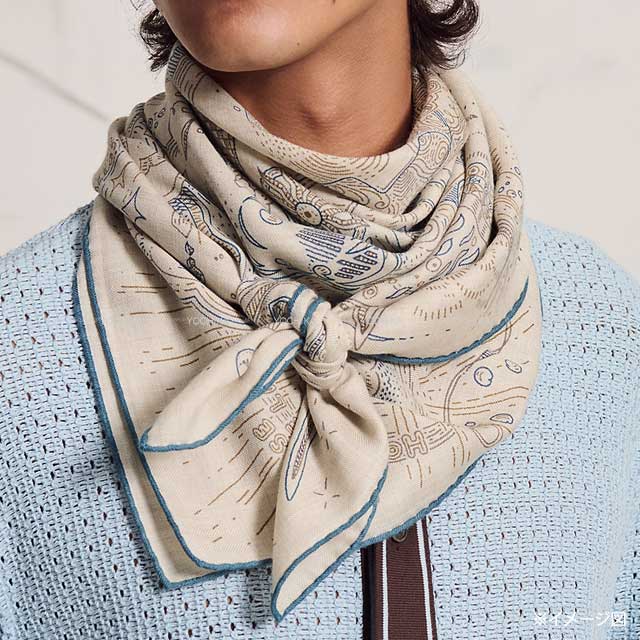 HERMES scarf Carre H 100 Please Hold the Line Natural/GrisMoyen/Blue Cashmere/Silk[BRAND NEW][Authentic]