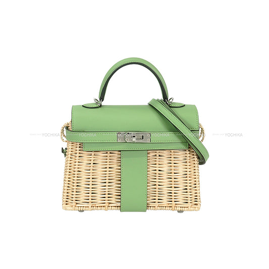 HERMES Shoulder bag Picnic Vert criquet Veau Swift/Osier Wicker (Rattan) Silver HW Stamp B[EXCELLENT][Authentic]