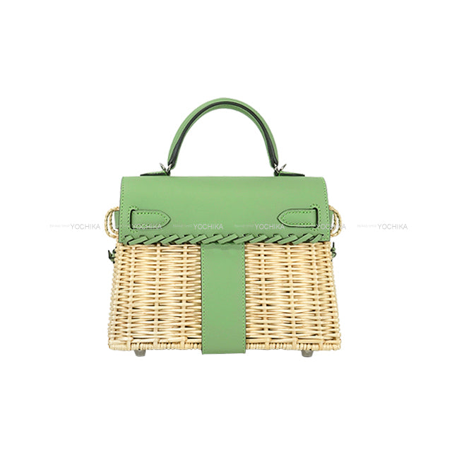 HERMES Shoulder bag Picnic Vert criquet Veau Swift/Osier Wicker (Rattan) Silver HW Stamp B[EXCELLENT][Authentic]