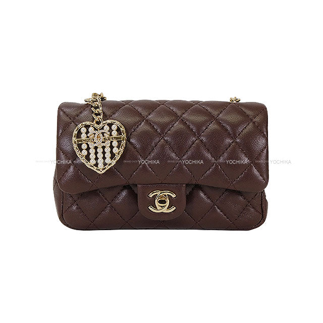 2024-2025 Metiers d'Art Collection CHANEL bag charm Classic Matelasse Heart Pearl COCO Mark Chain Brown Lambskin Champagne Gold HW AP4760[EXCELLENT][Authentic]