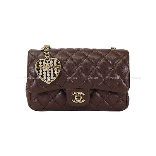 2024-2025 Metiers d'Art Collection CHANEL bag charm Classic Matelasse Heart Pearl COCO Mark Chain Brown Lambskin Champagne Gold HW AP4760[EXCELLENT][Authentic]