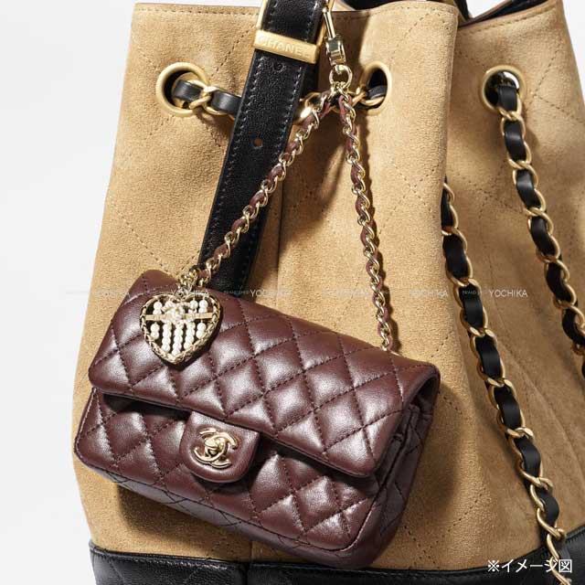 2024-2025 Metiers d'Art Collection CHANEL bag charm Classic Matelasse Heart Pearl COCO Mark Chain Brown Lambskin Champagne Gold HW AP4760[EXCELLENT][Authentic]