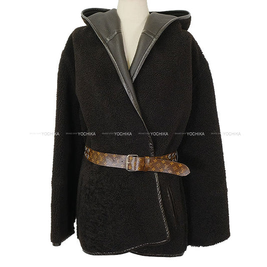2022 LOUIS VUITTON Ladies Reversible Long Coat Monogram Belt & Hood Noir (Black) Wool/Leather #38 CA36929[ALMOST NEW][Authentic]