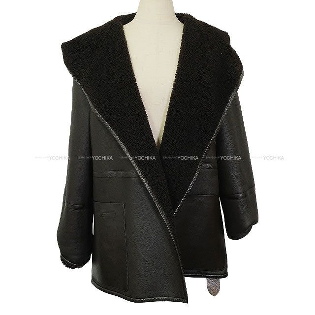 2022 LOUIS VUITTON Ladies Reversible Long Coat Monogram Belt & Hood Noir (Black) Wool/Leather #38 CA36929[ALMOST NEW][Authentic]