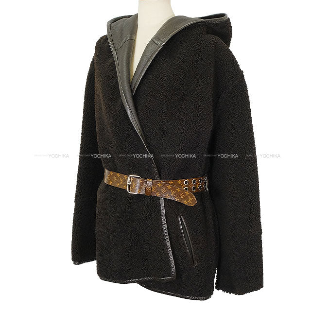 2022 LOUIS VUITTON Ladies Reversible Long Coat Monogram Belt & Hood Noir (Black) Wool/Leather #38 CA36929[ALMOST NEW][Authentic]