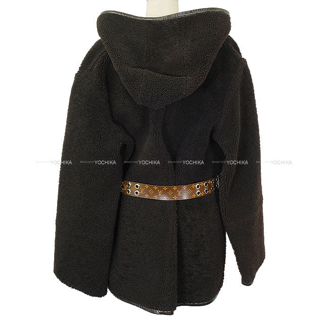2022 LOUIS VUITTON Ladies Reversible Long Coat Monogram Belt & Hood Noir (Black) Wool/Leather #38 CA36929[ALMOST NEW][Authentic]