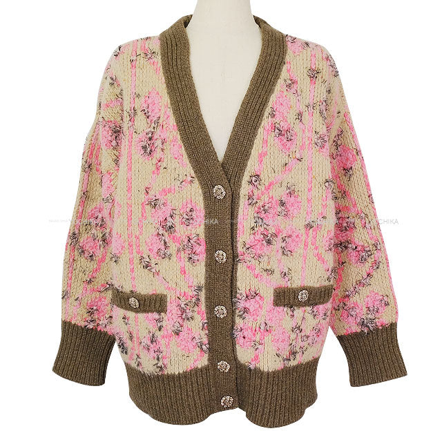 2022-2023AW CHANEL Cardigan Ladies Knit Rhinestone COCO Button Beige/Pink/Multicolor Cashmere/Wool #40 P73857[EXCELLENT][Authentic]
