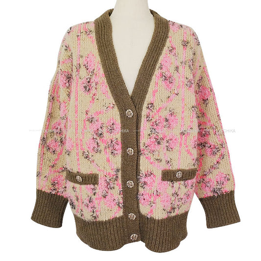 2022-2023AW CHANEL Cardigan Ladies Knit Rhinestone COCO Button Beige/Pink/Multicolor Cashmere/Wool #40 P73857[EXCELLENT][Authentic]