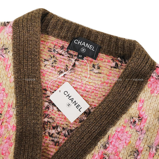 2022-2023AW CHANEL Cardigan Ladies Knit Rhinestone COCO Button Beige/Pink/Multicolor Cashmere/Wool #40 P73857[EXCELLENT][Authentic]