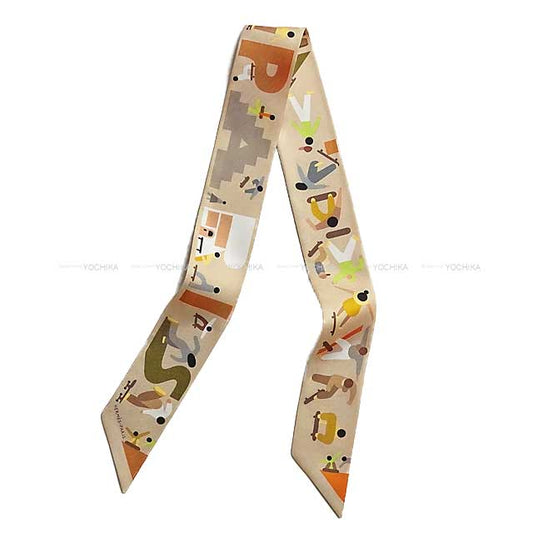 HERMES scarf Twilly FIGURES LIBRES Beige/Green/Orange Silk100% H064176S01[BRAND NEW][Authentic]