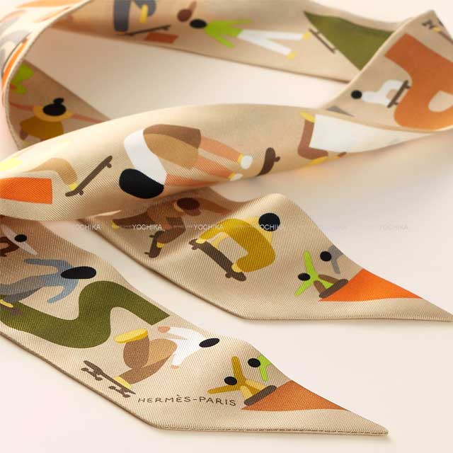 HERMES scarf Twilly FIGURES LIBRES Beige/Green/Orange Silk100% H064176S01[BRAND NEW][Authentic]