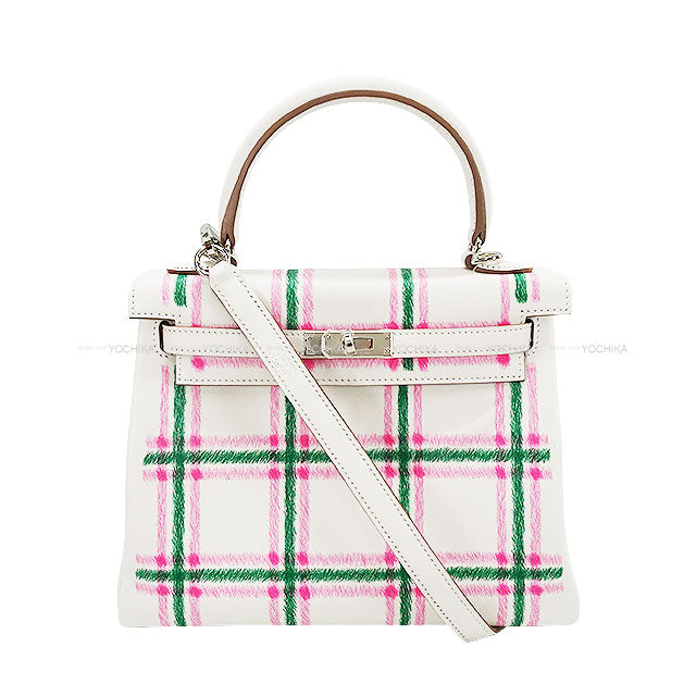 HERMES Shoulder bag Kelly25 Retourne Tartan Light New Gris Perle/Vert Moyen/Rose Bubblegum Veau Swift Silver HW Stamp K[BRAND NEW][Authentic]