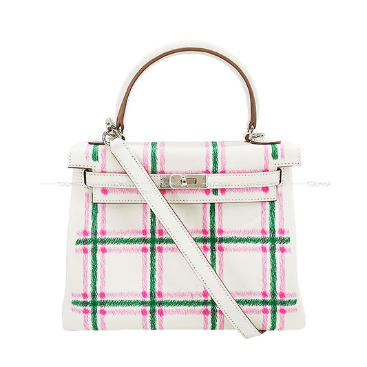 HERMES Shoulder bag Kelly25 Retourne Tartan Light New Gris Perle/Vert Moyen/Rose Bubblegum Veau Swift Silver HW Stamp K[BRAND NEW][Authentic]