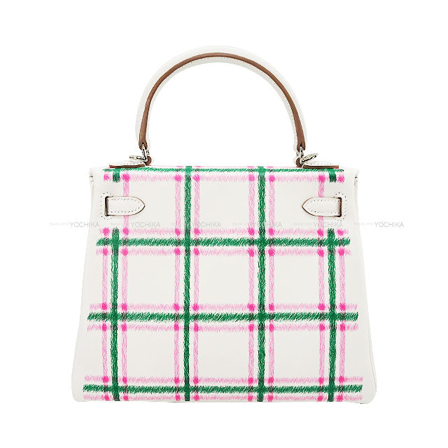 HERMES Shoulder bag Kelly25 Retourne Tartan Light New Gris Perle/Vert Moyen/Rose Bubblegum Veau Swift Silver HW Stamp K[BRAND NEW][Authentic]
