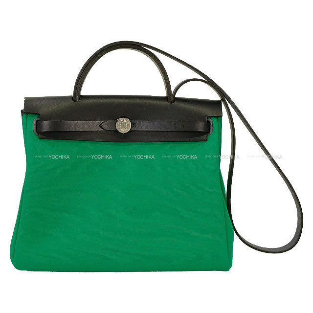 HERMES Shoulder bag HerBag Zip 31 PM Retourne Menthe (Mint)/Blue Indigo Toile officier/Vache Hunter Silver HW Stamp W[EXCELLENT][Authentic]