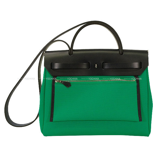 HERMES Shoulder bag HerBag Zip 31 PM Retourne Menthe (Mint)/Blue Indigo Toile officier/Vache Hunter Silver HW Stamp W[EXCELLENT][Authentic]