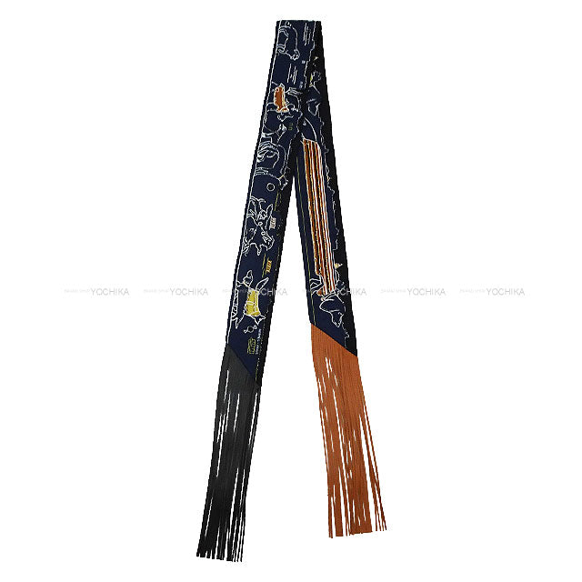 2024SS HERMES scarf Twilly Prejoux Parisian Dog Marin/Caramel/Mordor Silk100%/Lambskin/Beads[BRAND NEW][Authentic]