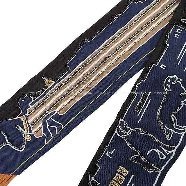 2024SS HERMES scarf Twilly Prejoux Parisian Dog Marin/Caramel/Mordor Silk100%/Lambskin/Beads[BRAND NEW][Authentic]
