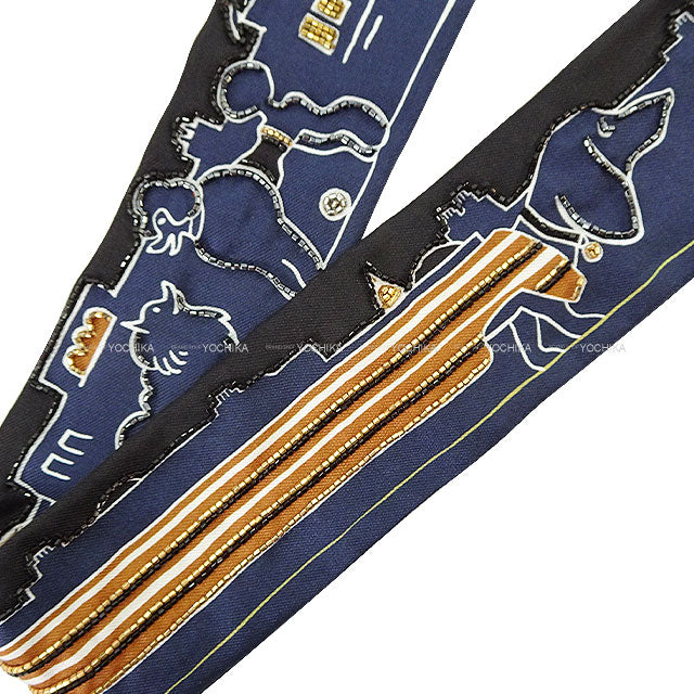 2024SS HERMES scarf Twilly Prejoux Parisian Dog Marin/Caramel/Mordor Silk100%/Lambskin/Beads[BRAND NEW][Authentic]