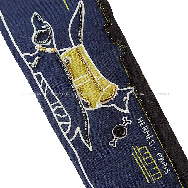 2024SS HERMES scarf Twilly Prejoux Parisian Dog Marin/Caramel/Mordor Silk100%/Lambskin/Beads[BRAND NEW][Authentic]