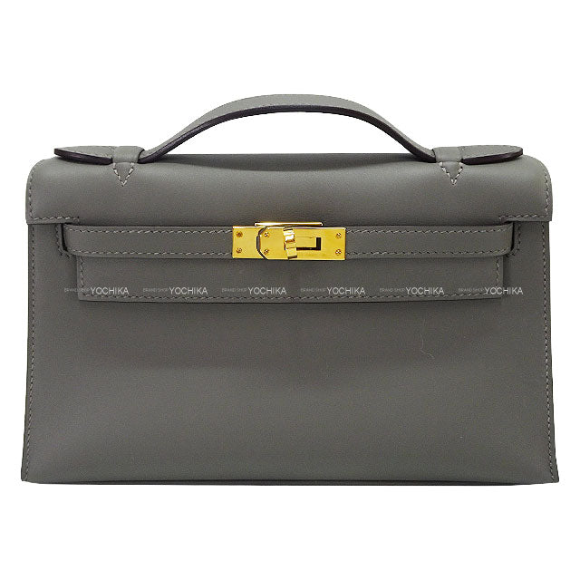 [Pre-loved] HERMES Handbag Pochette Kelly Gris Meyer Veau Swift Gold HW Stamp U[LIKE NEW][Authentic]