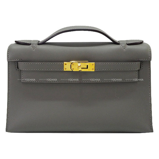 [Pre-loved] HERMES Handbag Pochette Kelly Gris Meyer Veau Swift Gold HW Stamp U[LIKE NEW][Authentic]