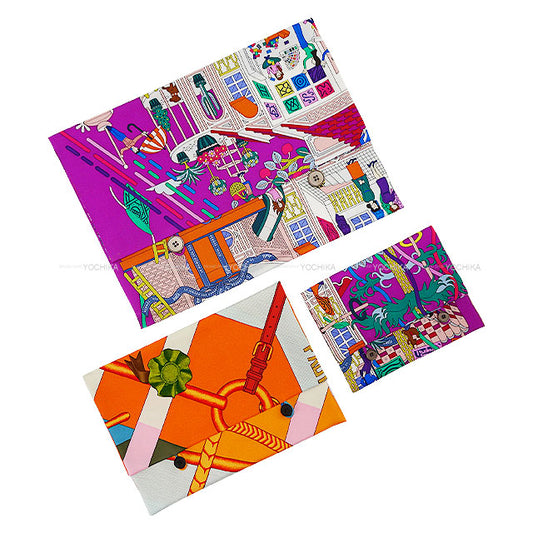 HERMES Pouch Petit H Maison des Carrés / Perfect Course Pouch 3-piece Set Multicolor Silk100%[EXCELLENT][Authentic]