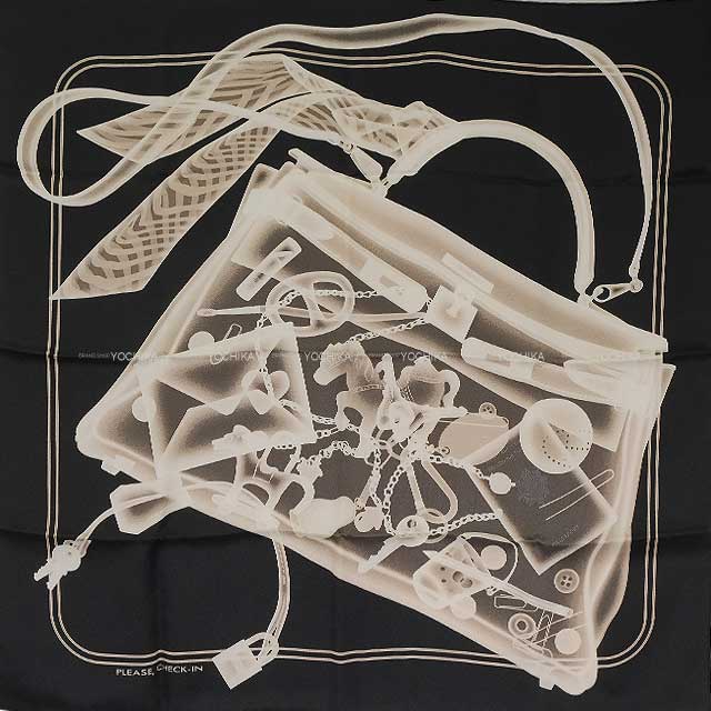HERMES scarf Carre 70 Please Check In Black/Sepia Silk100% H982510S 06[EXCELLENT][Authentic]