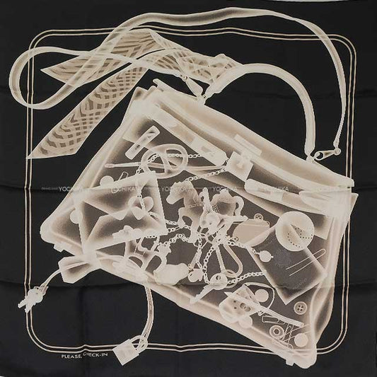 HERMES scarf Carre 70 Please Check In Black/Sepia Silk100% H982510S 06[EXCELLENT][Authentic]