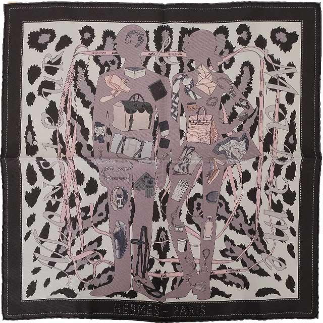 HERMES scarf Carre 45 Madame Cuir Noir (Black)/Blanc (White)//Gris Silk100% H892777S 05[EXCELLENT][Authentic]