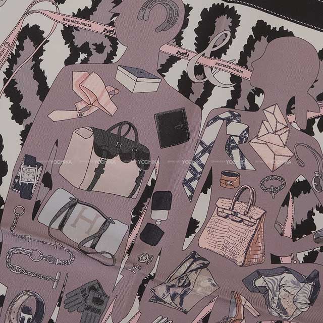 HERMES scarf Carre 45 Madame Cuir Noir (Black)/Blanc (White)//Gris Silk100% H892777S 05[EXCELLENT][Authentic]