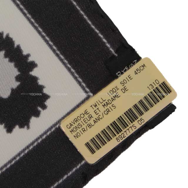 HERMES scarf Carre 45 Madame Cuir Noir (Black)/Blanc (White)//Gris Silk100% H892777S 05[EXCELLENT][Authentic]