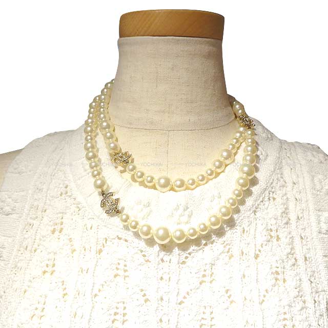 [Pre-loved] CHANEL necklace Coco Mark long pearl Fake pearl/rhinestone Mat Gold HW[USED SA][Authentic]