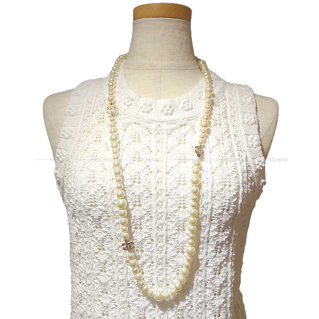 [Pre-loved] CHANEL necklace Coco Mark long pearl Fake pearl/rhinestone Mat Gold HW[USED SA][Authentic]
