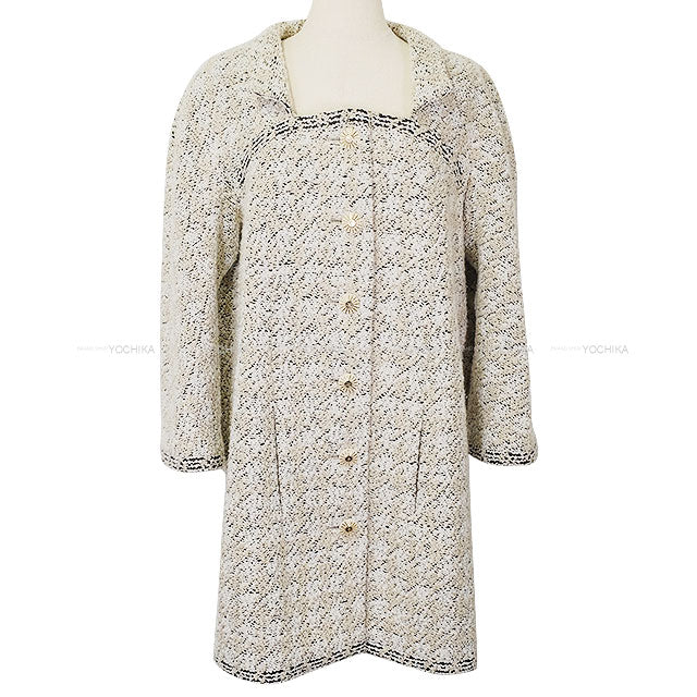 CHANEL Stainless collar coat Long Jacket 3/4 Sleeve COCO Mark Button Tweed Ivory Acrylic/Wool #44 Gold HW P54620[BRAND NEW][Authentic]