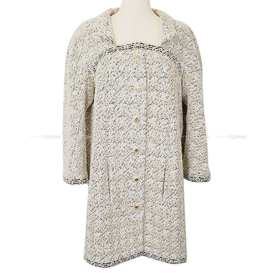 CHANEL Stainless collar coat Long Jacket 3/4 Sleeve COCO Mark Button Tweed Ivory Acrylic/Wool #44 Gold HW P54620[BRAND NEW][Authentic]