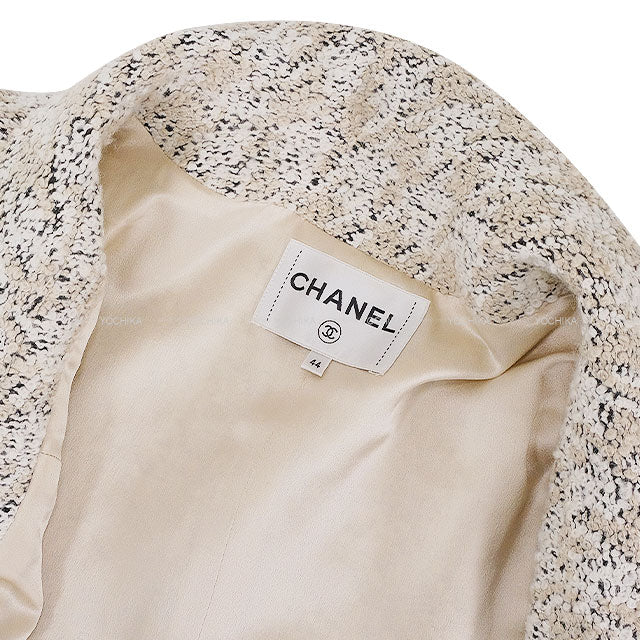 CHANEL Stainless collar coat Long Jacket 3/4 Sleeve COCO Mark Button Tweed Ivory Acrylic/Wool #44 Gold HW P54620[BRAND NEW][Authentic]