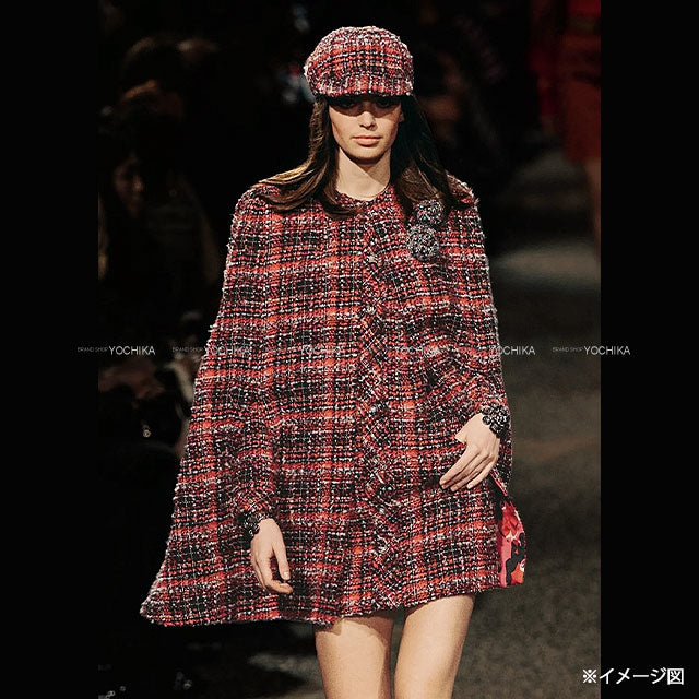 2023 Metiers d'Art Collection CHANEL Poncho Cape Coat Rhinestone COCO Mark Camellia Motif Tweed Red Cotton #38 P77727[EXCELLENT][Authentic]