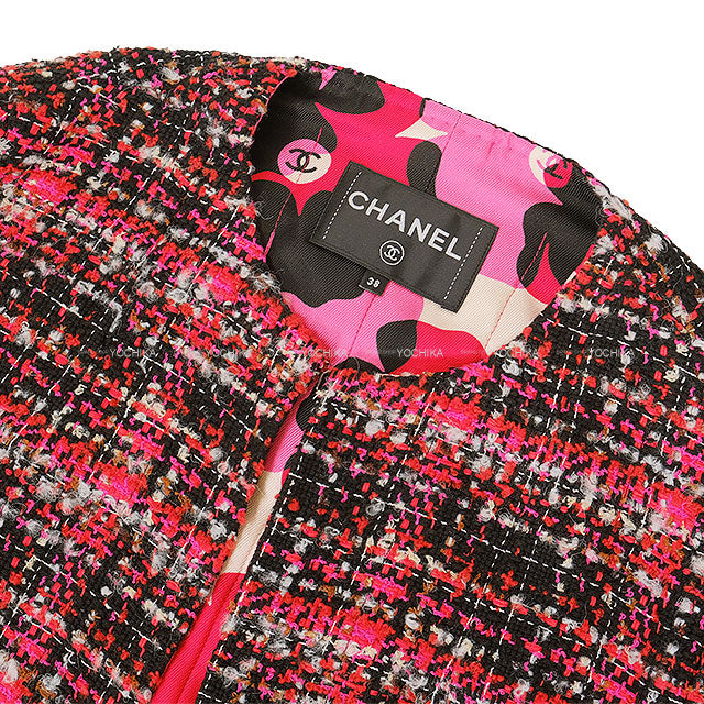 2023 Metiers d'Art Collection CHANEL Poncho Cape Coat Rhinestone COCO Mark Camellia Motif Tweed Red Cotton #38 P77727[EXCELLENT][Authentic]