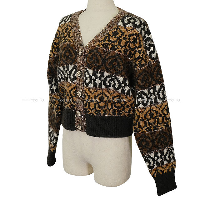 2019AW CHANEL Cardigan Knit Brown/Blanc (White)/Noir (Black) Wool #38 P62568[EXCELLENT][Authentic]