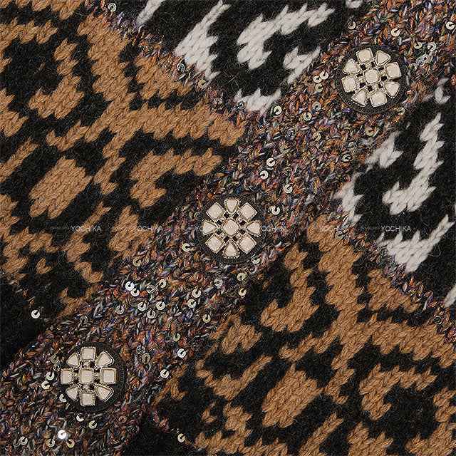 2019AW CHANEL Cardigan Knit Brown/Blanc (White)/Noir (Black) Wool #38 P62568[EXCELLENT][Authentic]