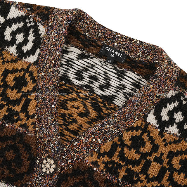 2019AW CHANEL Cardigan Knit Brown/Blanc (White)/Noir (Black) Wool #38 P62568[EXCELLENT][Authentic]