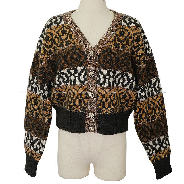 2019AW CHANEL Cardigan Knit Brown/Blanc (White)/Noir (Black) Wool #38 P62568[EXCELLENT][Authentic]