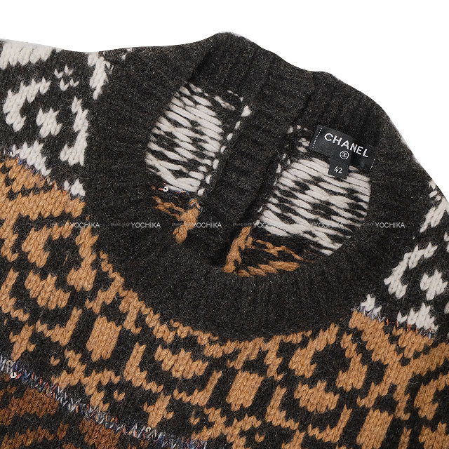 2019AW CHANEL One‐piece dress Knit COCO Clear Button Brown/Blanc (White)/Noir (Black) Wool/Cashmere/Yak #42 P62538[EXCELLENT][Authentic]